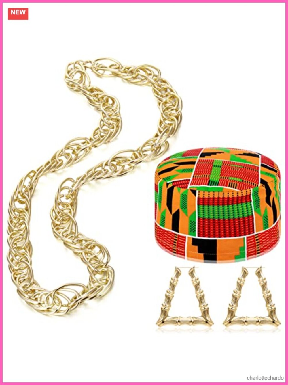80s 90s Hip Hop Costume Set Kufi Hat Rapper Chain Earrings